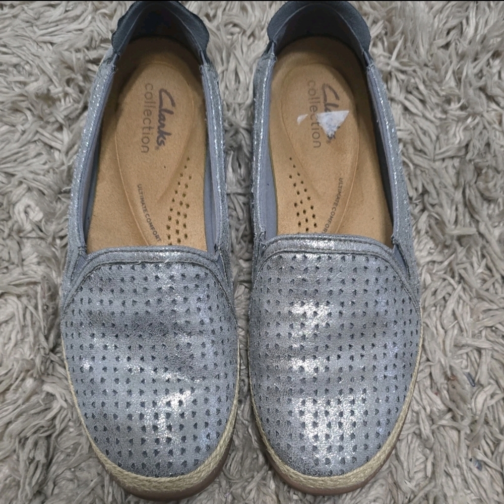Clark's Women's Metallic Silver Slip-On Espadrilles